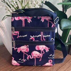 Navy Flamingo Triple Zipper Crossbody Bag - EUC